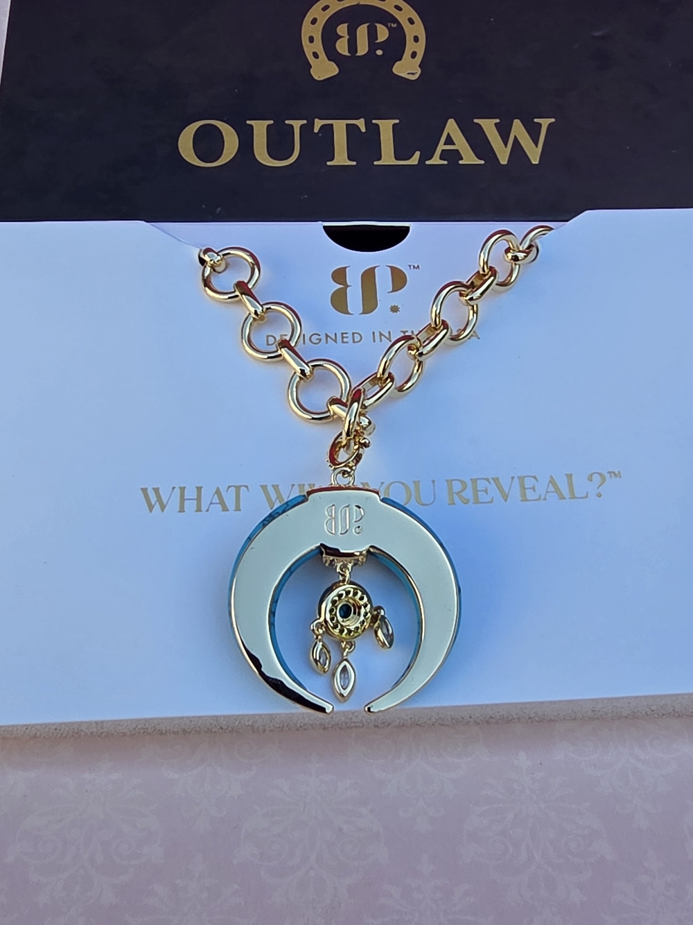 Bomb Party Outlaw Gold-Tone Turquoise Crescent Pendant Necklace - Picture 9 of 12